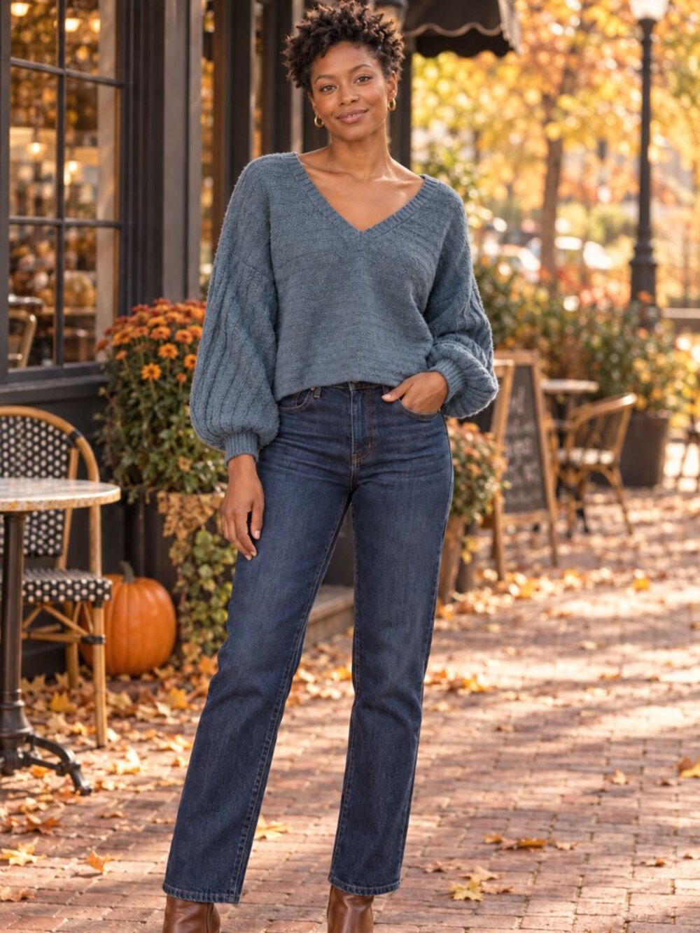 Pink Rose Blue Gray Chenille V-Neck Balloon Sleeve Sweater Size S